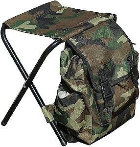 Cadeira com Bolsa Mochila Verde Camuflado Para Pesca Camping Viagem Dobrável de Aço