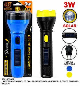Lanterna Solar SQ3807 Manual 3W 1DEM 22x5cm Premier LED Recarregável Cores Sortidas