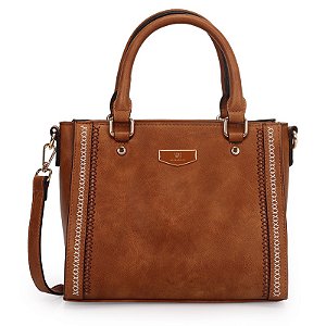 Bolsa Satchel Grande com detalhe costuras e metal resinado WJ Caramelo