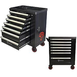 Carrinho de Ferramentas C/ 7 Gavetas C/ Porta Lateral 306Pçs E Chave De Impacto - Potente