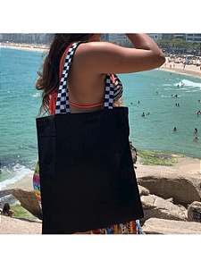 Bolsa Feminina Ecobag 100% algodão Black Crua (Alça xadrez)