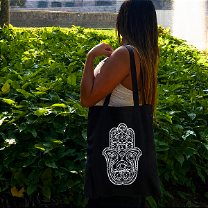Bolsa Ecobag PRETA 100% Algodão Estampa HAMSÁ Reutilizável Estilosa
