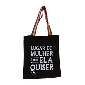 Bolsa Ecobag 100% algodão Black Estampa LUGAR DE MULHER (Alça arco-íris)
