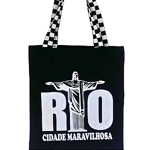 Bolsa Ecobag 100% algodão Black  RIO  alça xadrez