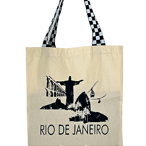 Bolsa Feminina Ecobag 100% algodão Pontos Turisticos RJ (Alça xadrez)