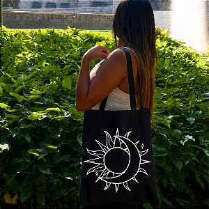 Bolsa Ecobag PRETA 100% Algodão Estampa SOL E LUA BOHO MÍSTICA Reutilizável Estilosa