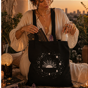 Bolsa Ecobag 100% algodão BLACK Estampa Fases da Lua Sol Astrológica Mística
