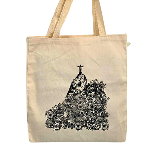 Ecobag Cristo Redentor Rio de Janeiro Estampa Floral Preta – Bolsa Algodão Sustentável