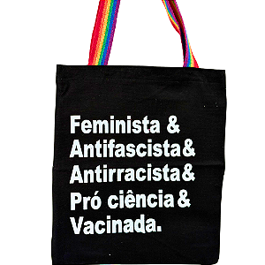Bolsa Ecobag 100% algodão Black Estampa Feminista (Alça arco-íris)