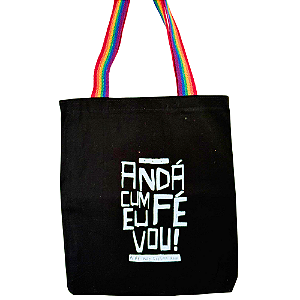 Bolsa Ecobag 100% algodão Black Estampa ANDA CUM FÉ (Alça arco-íris)