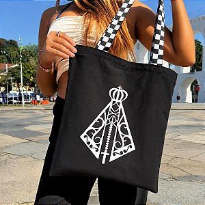 Bolsa Ecobag PRETA 100% Algodão Estampa NOSSA SENHORA Alça Xadrez Grande Reutilizável Estilosa