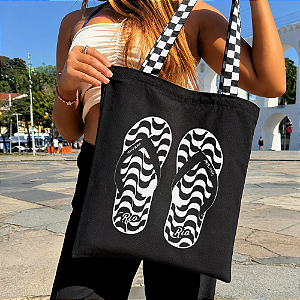 Bolsa Ecobag PRETA 100% Algodão Estampa CHINELO RIO Alça Xadrez Grande Reutilizável Estilosa
