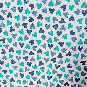 Tecido Tricoline para  Patchwork Estampa de Corações em Azul Marinho ,Azul Jeans e Verde Menta em Fundo Bege