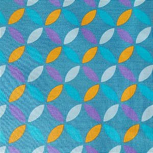 Tecido Tricoline para Patchwork Estampa Geométrica Folhas nos Tons de Laranja, Azul Piscina, Lilás, Azul Claro