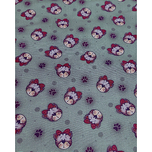 Tecido Tricoline Digital com Estampa de Gatinha em fundo Verde Queimado
