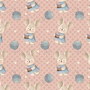 Tecido Tricoline Estampa Ratinha Costureira em Fundo Salmão Coleção Unindo Pedacinhos