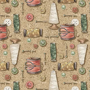 Tecido Tricoline Digital Estampa Acessórios Costura em Fundo Bege
