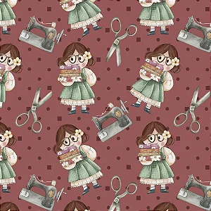 Tecido Tricoline Estampa Meninas Costureiras em Fundo Vermelho Queimado