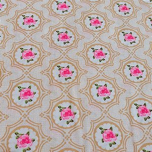 Tecido Tricoline Estampa Floral com Círculos em Bege e Fundo Claro