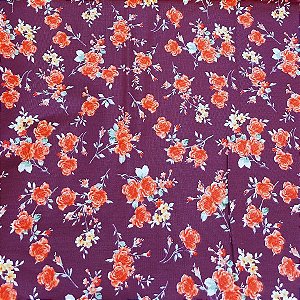 Tecido Tricoline para Patchwork Estampa Floral em Fundo Vinho Queimado