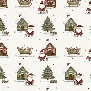 Tecido Tricoline Digital para Patchwork com Estampa de Casinha, Papai Noel e Arvores Natalinas