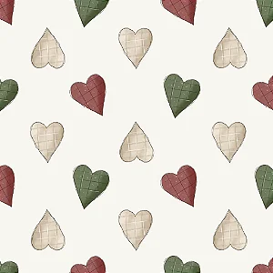 Tecido Tricoline Digital para Patchwork Estampa de Corações Verde, Bege e Vermelho em Fundo Branco