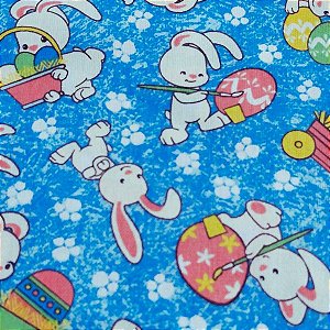 Tecido Tricoline para Patchwork com Estampa de Coelhos, Ovos de Páscoa em Fundo Azul