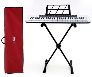 Kit Teclado Musical Kobe KB-150 Branco 5/8 61 Teclas Completo Capa Vermelha