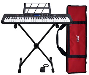 Kit Teclado Musical Estudante Kobe KB-300 5/8 61 Teclas Sensitivas ao Toque com Pedal Sustain Capa Vermelha e Suporte