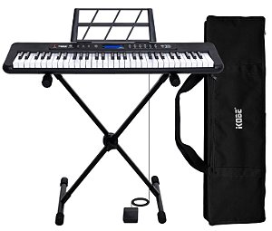 Kit Teclado Musical Iniciante Kobe KB-300 5/8 61 Teclas Sensitivas ao Toque com Pedal Sustain Capa Preta e Suporte