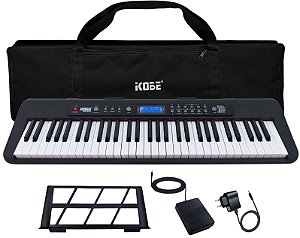 Kit Teclado Musical Iniciante Kobe KB-300 5/8 61 Teclas Sensitivas ao Toque com Pedal Sustain e Capa Preta