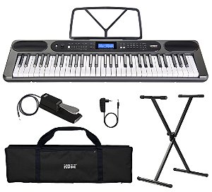 Kit Teclado Musical Kobe KB-400 5/8 61 Teclas com Sensibilidade Conexão MDI - Completo