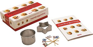 Livro Hamburguinhos - 1  com 32 receitas + 2 cortadores, redondo e em formato de estrela, + 20 palitos de bambu