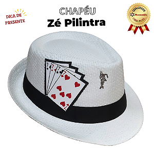 Chapeu Zé Pilintra Malandro Branco Faixa Preta com Baralho e Pingente