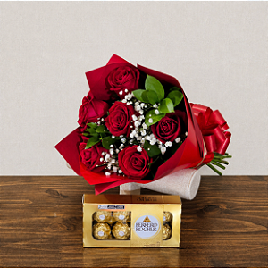 Kit Paredes - Buquê com 6 Rosas Nacionais + Chocolate Ferrero Rocher