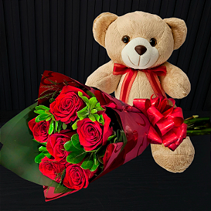 Kit Bom Retiro - Rosas IMPORTADAS + Urso Articulado Com Laço