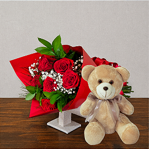Kit Bom Retiro - Rosas IMPORTADAS + Urso Articulado Com Laço