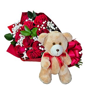 Kit Noely - Buquê 9 Rosas Nacionais + Urso de Pelúcia