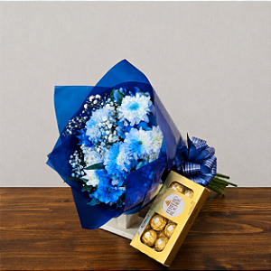 Kit Blue & Gold - Buquê Mix Azul + Ferrero Rocher 100g