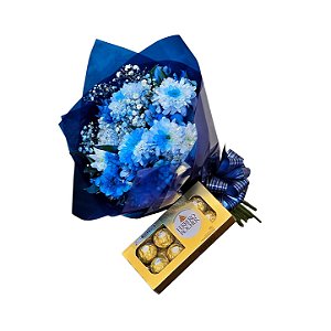 Kit Blue & Gold - Buquê Mix Azul + Ferrero Rocher 100g