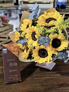 Kit Luce d’Oro - Buquê 7 Girassois + Tablete de Chocolate Nugali 85g