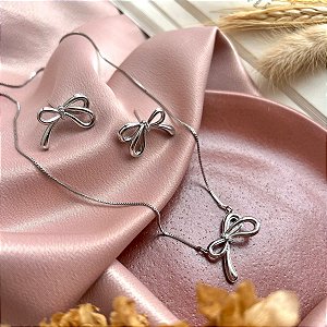Conjunto Colar + Brinco Laço Prata