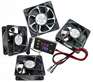 Kit 4 Ventiladores CC com Termostato Digital 12VDC Bateria para Rack Indoor / Outdoor - Universal