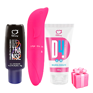Kit Sentidos com Golfinho Ponto G + Lubrificante Chiclete + Gel Esfria & Vibra + Presente Surpresa – Explore