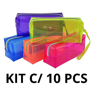 Kit 10un - Estojo Escolar Baú Neon PVC Transparente Grande Necessaire