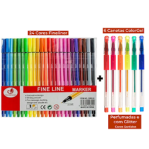 Kit Canetas Coloridas Ponta Fina 24 Cores + 6 Canetas Coloridas Gel com Glitter Perfumadas