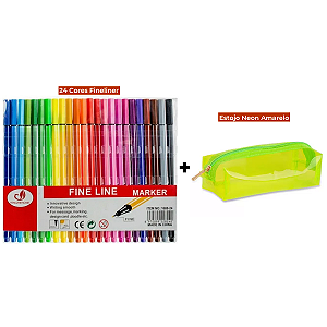 Kit Canetas Fineliner 24 Cores + Estojo Baú Neon PVC Transparente Amarelo