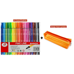 Kit Canetas Fineliner 24 Cores + Estojo Baú Neon PVC Transparente Laranja