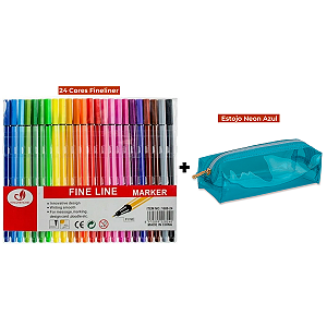 Kit Canetas Fineliner 24 Cores + Estojo Baú Neon PVC Transparente Azul