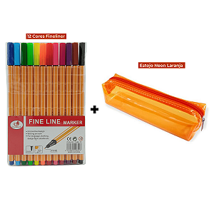 Kit Canetas Fineliner 12 Cores Amarela + Estojo Baú Neon PVC Transparente Laranja